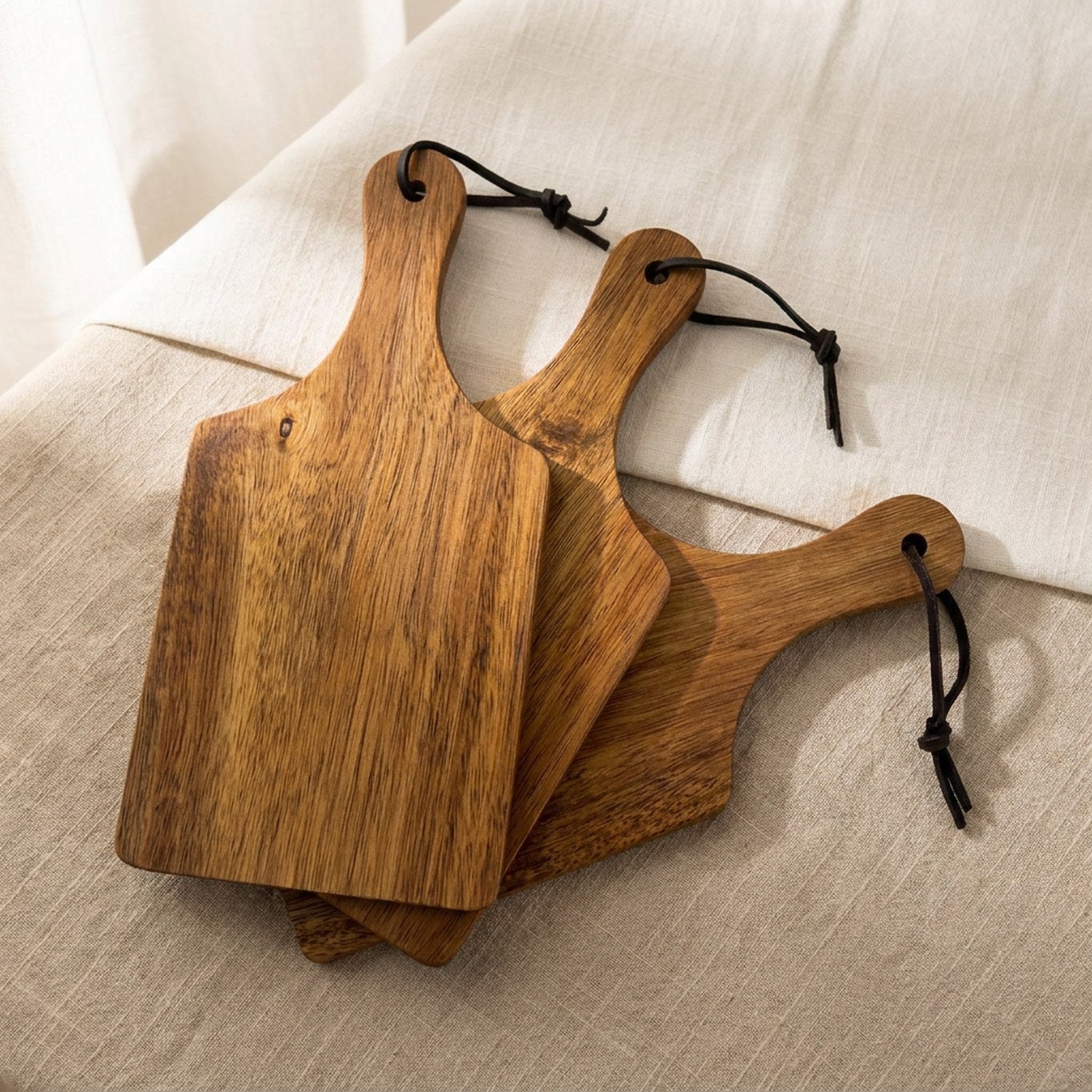 Trio de mini-planches à découper bois acacia disposées sur surface en lin naturel