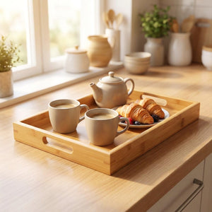 Plateau en bambou garni de croissants et de café sur un plan de cuisine lumineux