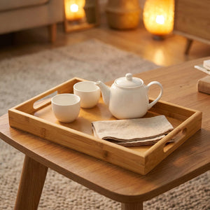 Plateau en bambou avec service à thé posé sur une table de salon chaleureuse
