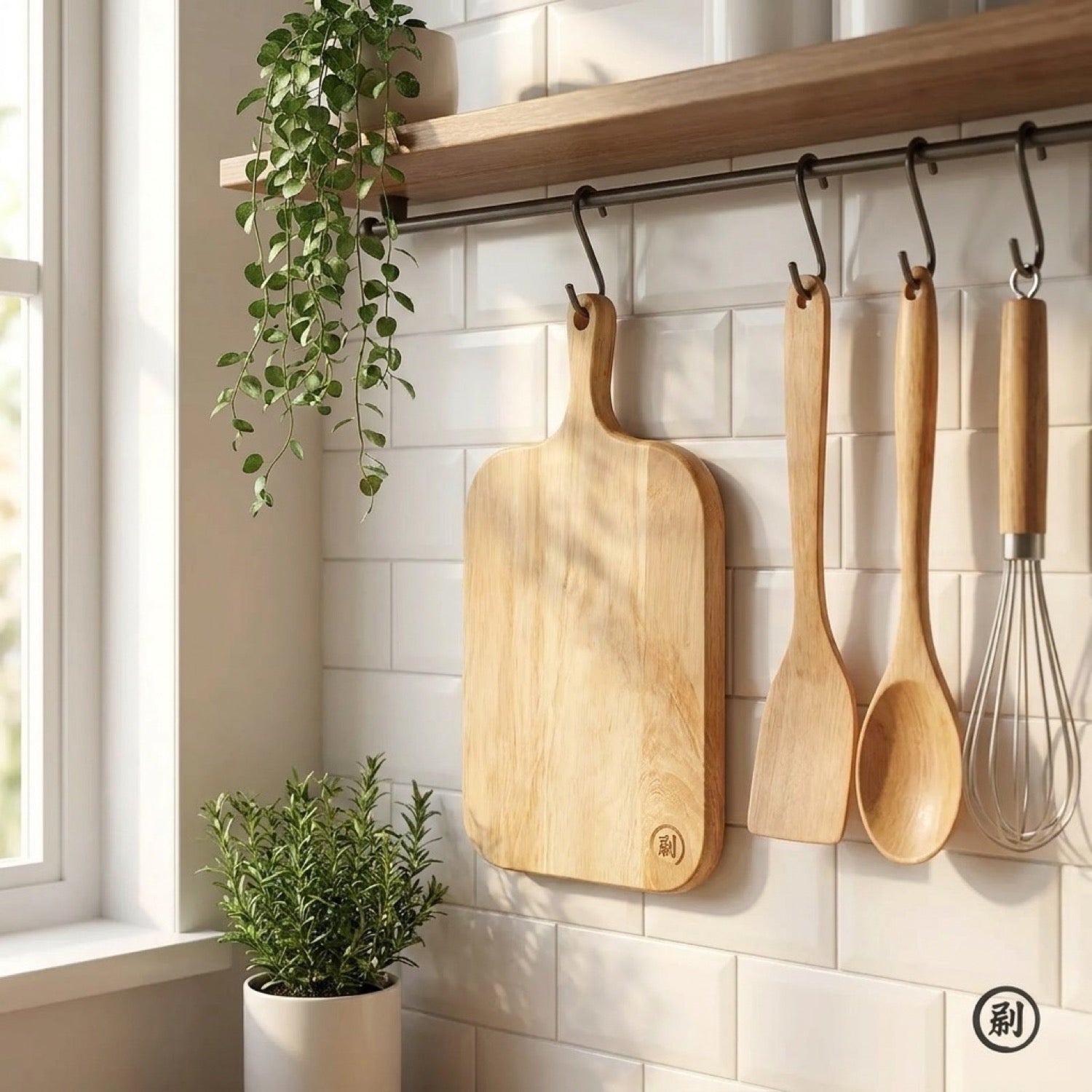 Plateau en bois accroché au mur d'une cuisine scandinave blanche avec plantes vertes