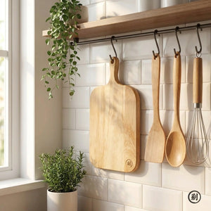 Plateau en bois accroché au mur d'une cuisine scandinave blanche avec plantes vertes