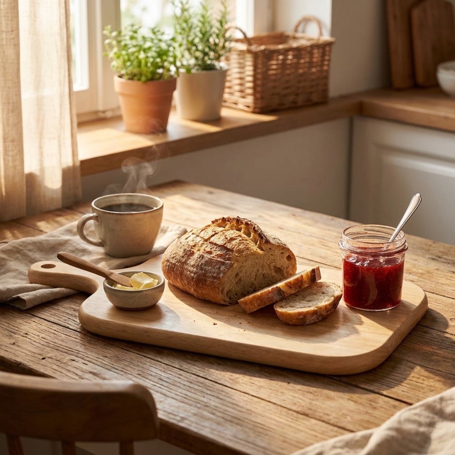 Plateau en bois avec pain frais beurre et confiture sur table de petit-déjeuner ensoleillée