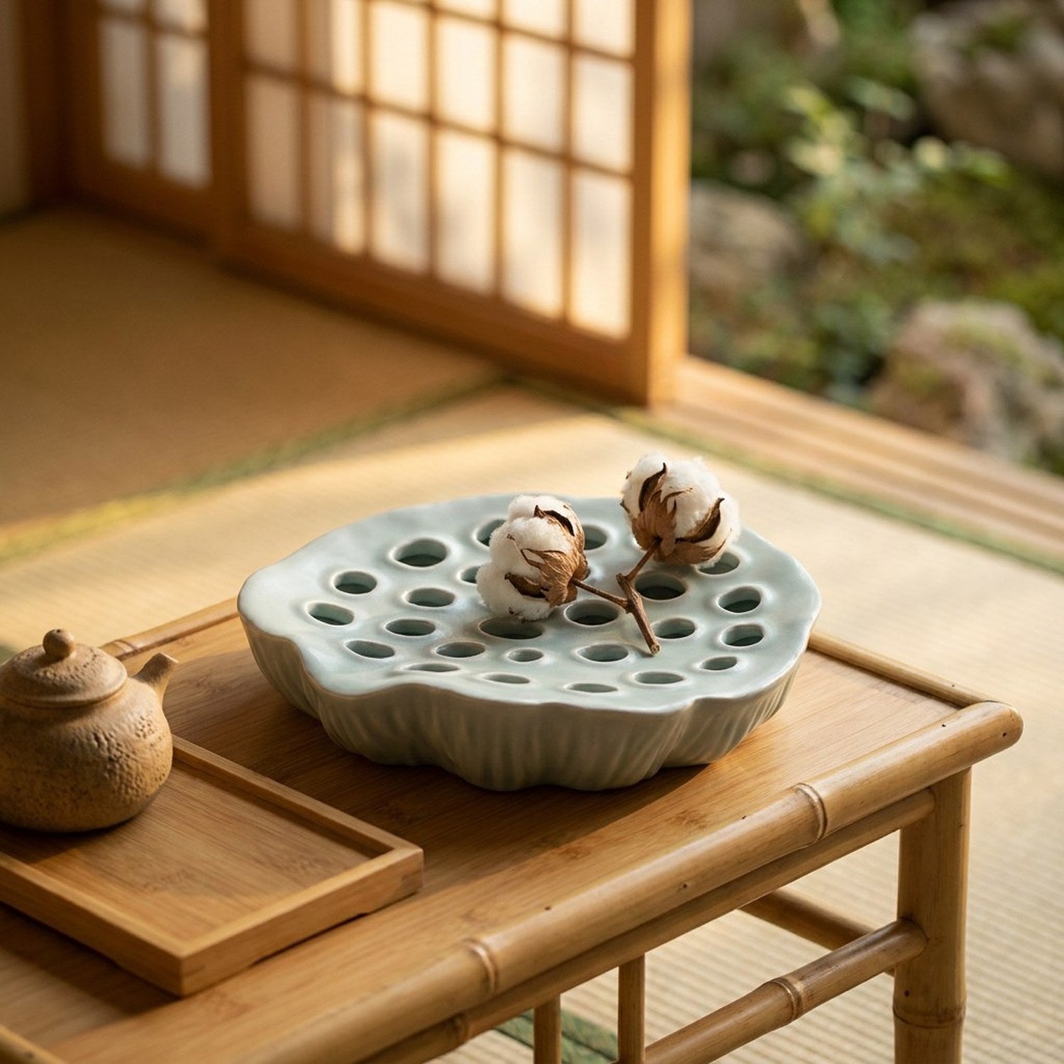 Plateau lotus céladon ikebana sur table japonaise zen