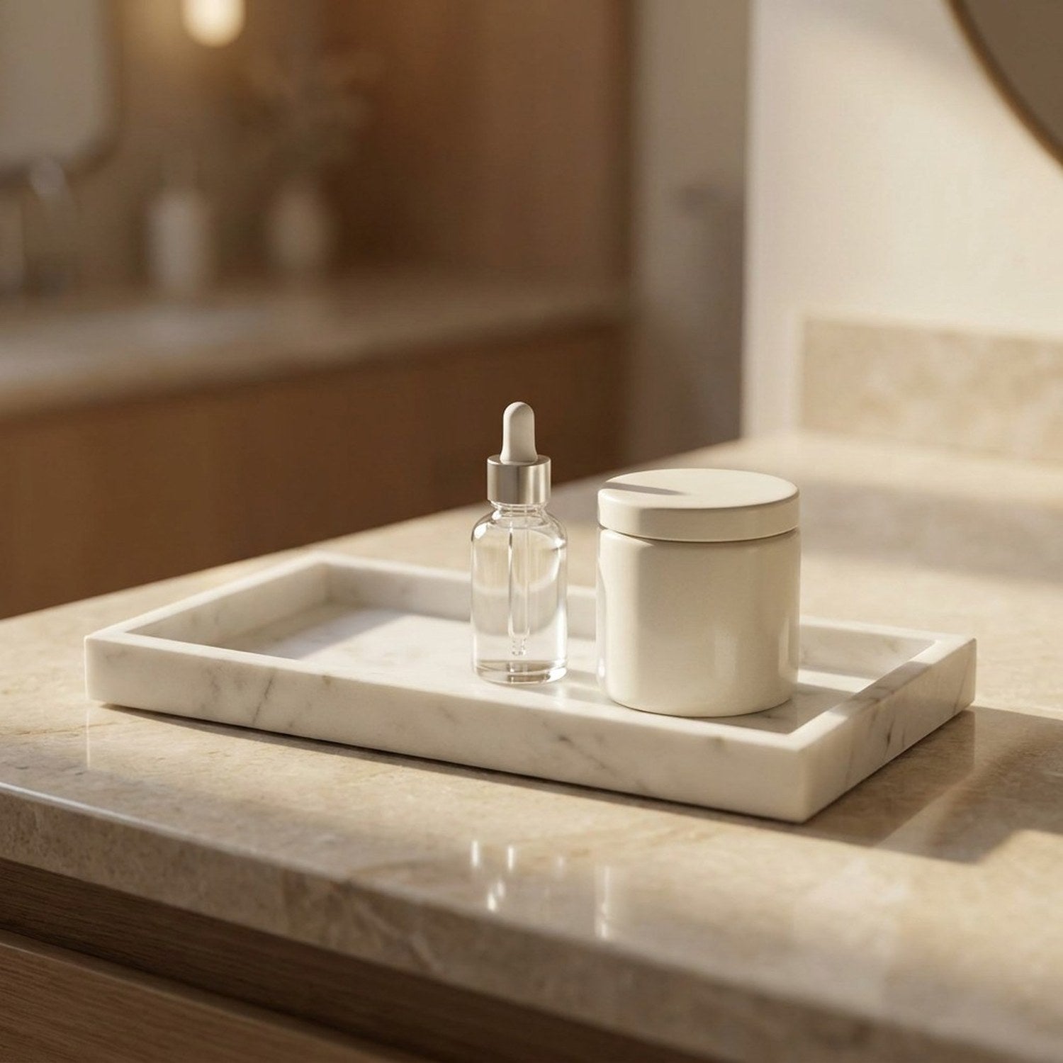 Plateau de service en marbre naturel blanc sur commode salle de bain