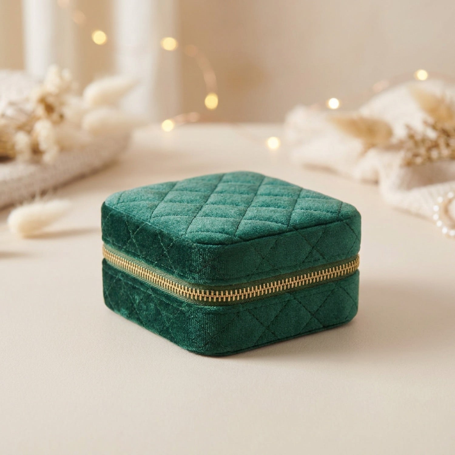 Boîte à bijoux fille velours vert double couche fermée sur fond clair avec bokeh