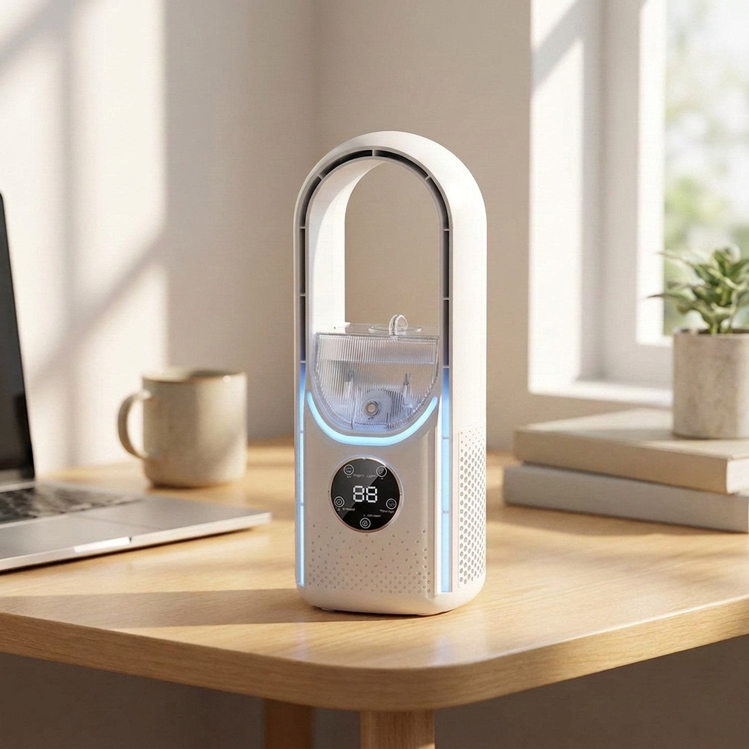 Ventilateur humidificateur blanc sans pales avec lumière d'ambiance bleutée posé sur un bureau