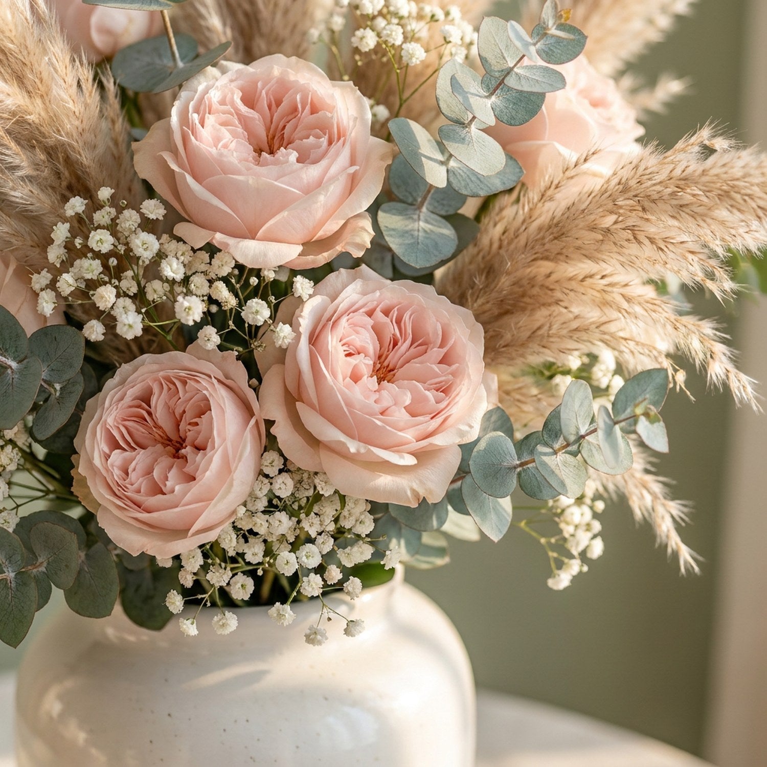 Gros plan bouquet de roses poudreuses, gypsophile et pampa dans un vase céramique blanc
