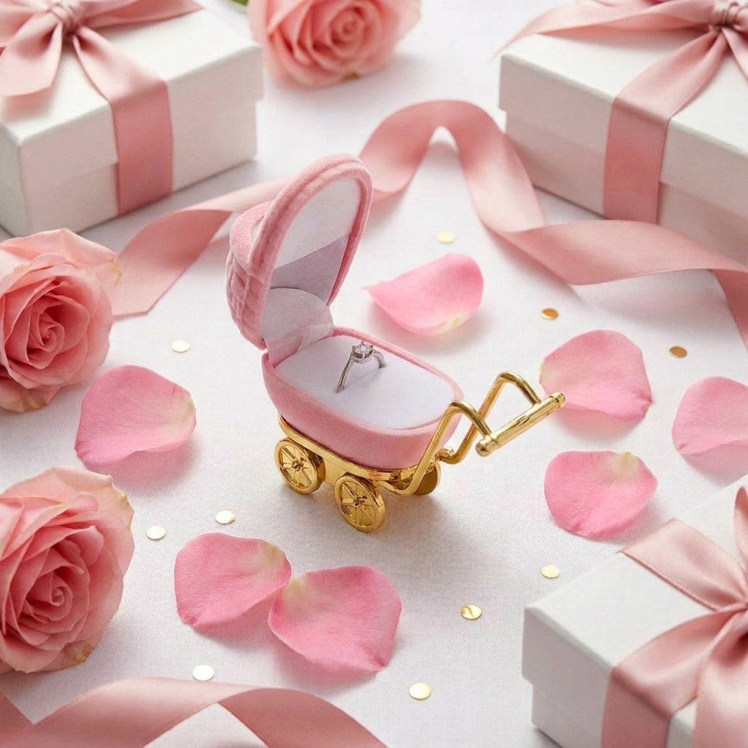 Coffret landau rose présenté en cadeau parmi des roses pétales et rubans satinés