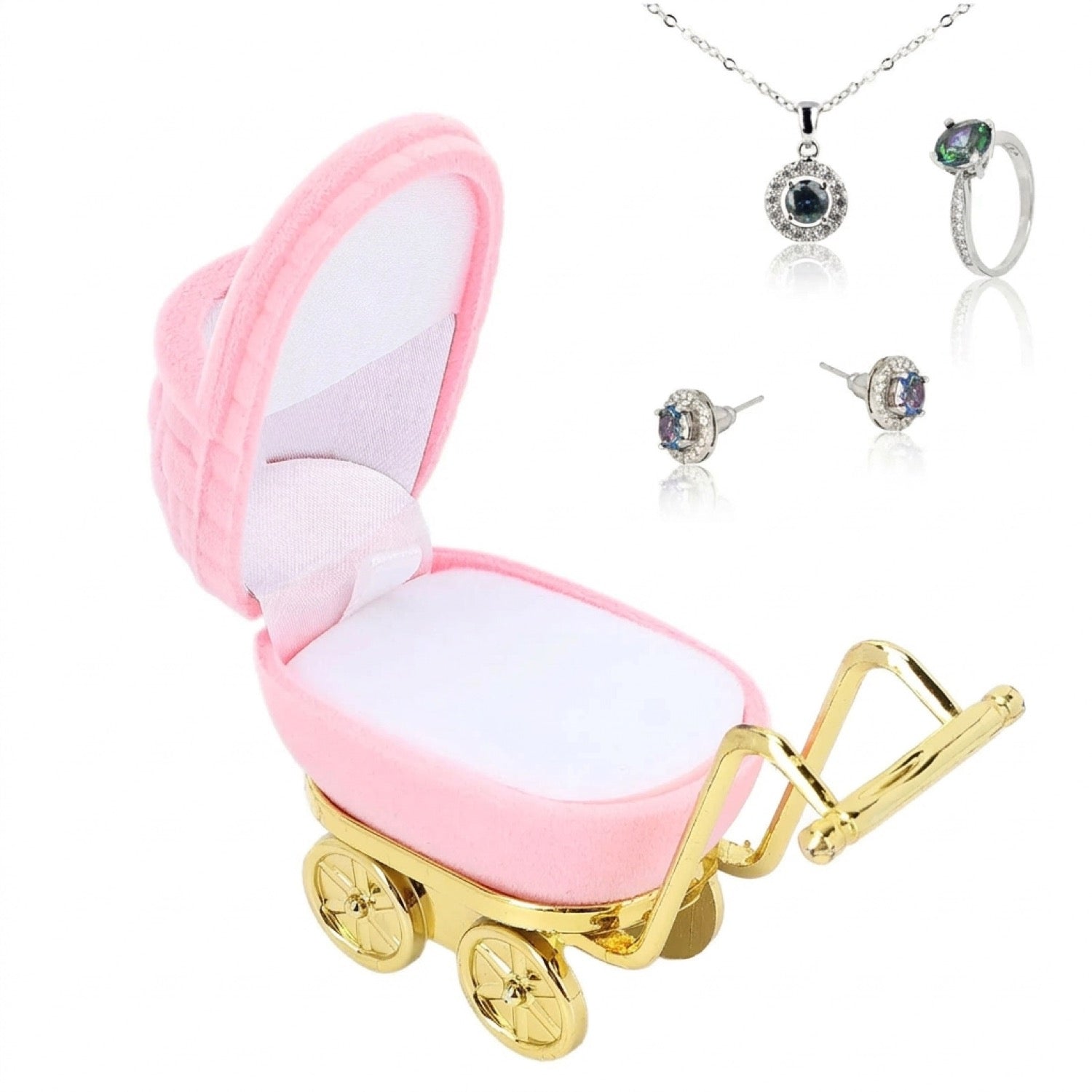 Coffret landau rose ouvert à côté d une parure argentée collier bague et boucles d oreilles