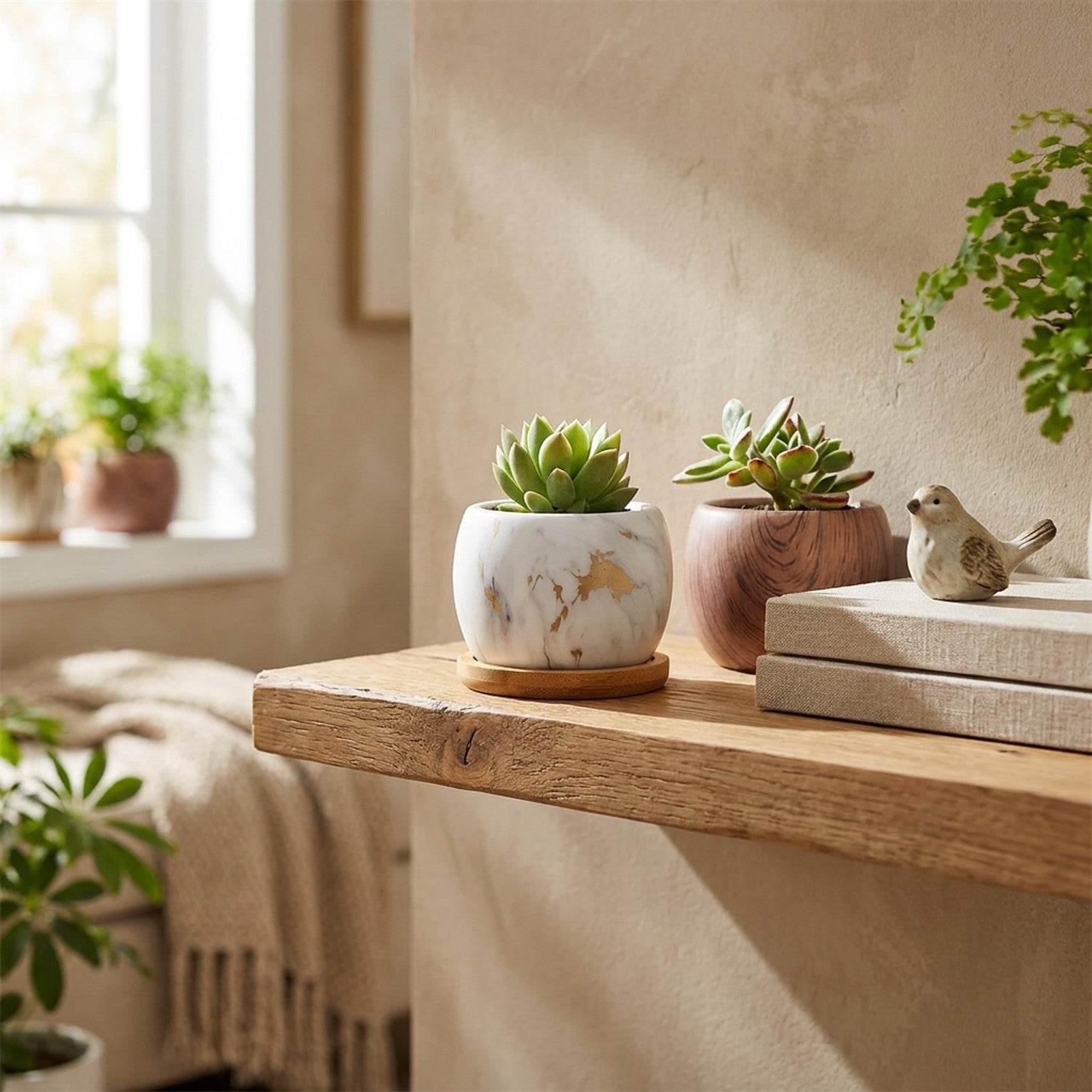 Pot céramique succulentes sur étagère en bois - décoration nordique