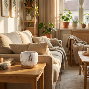 Pot céramique succulentes sur table d'appoint - salon scandinave