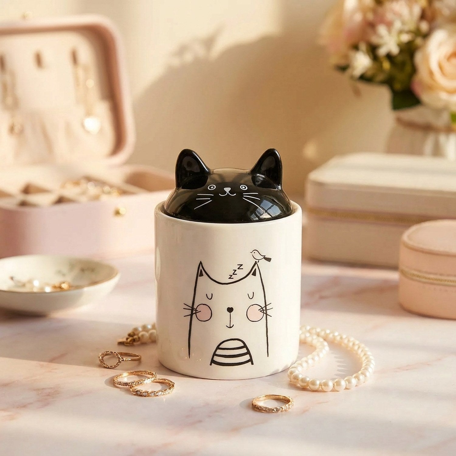Pot céramique oreilles de chat taille 260ml format compact rangement bijoux