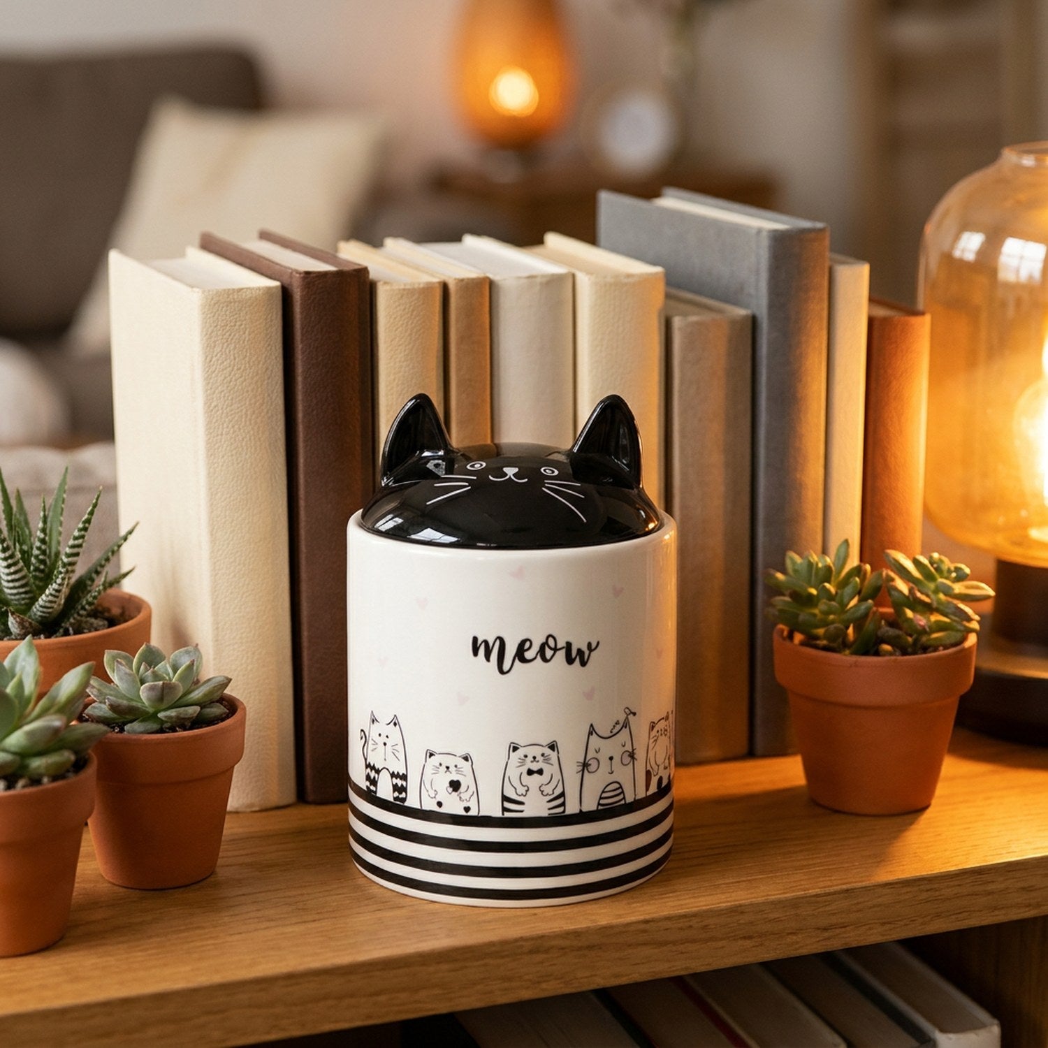 Pot céramique oreilles de chat sur étagère entre plantes en pot terracotta