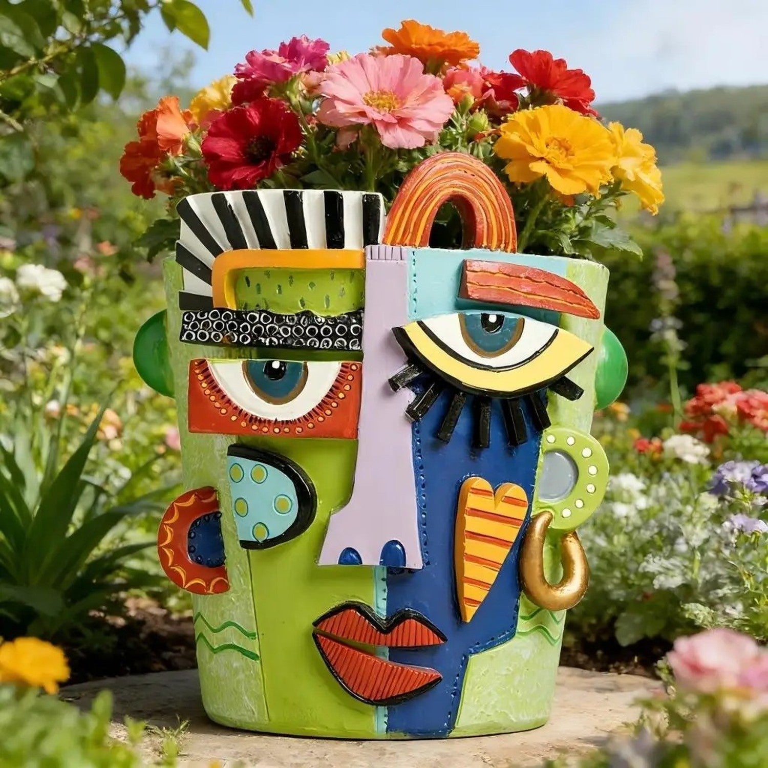 Pot de fleur visage abstrait cubiste en résine verte vue 2