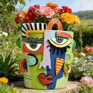 Pot de fleur visage abstrait cubiste en résine verte vue 2