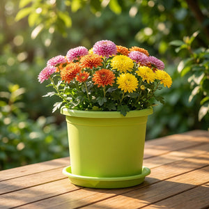 Pot de fleurs cylindrique en résine vert citron avec chrysanthèmes