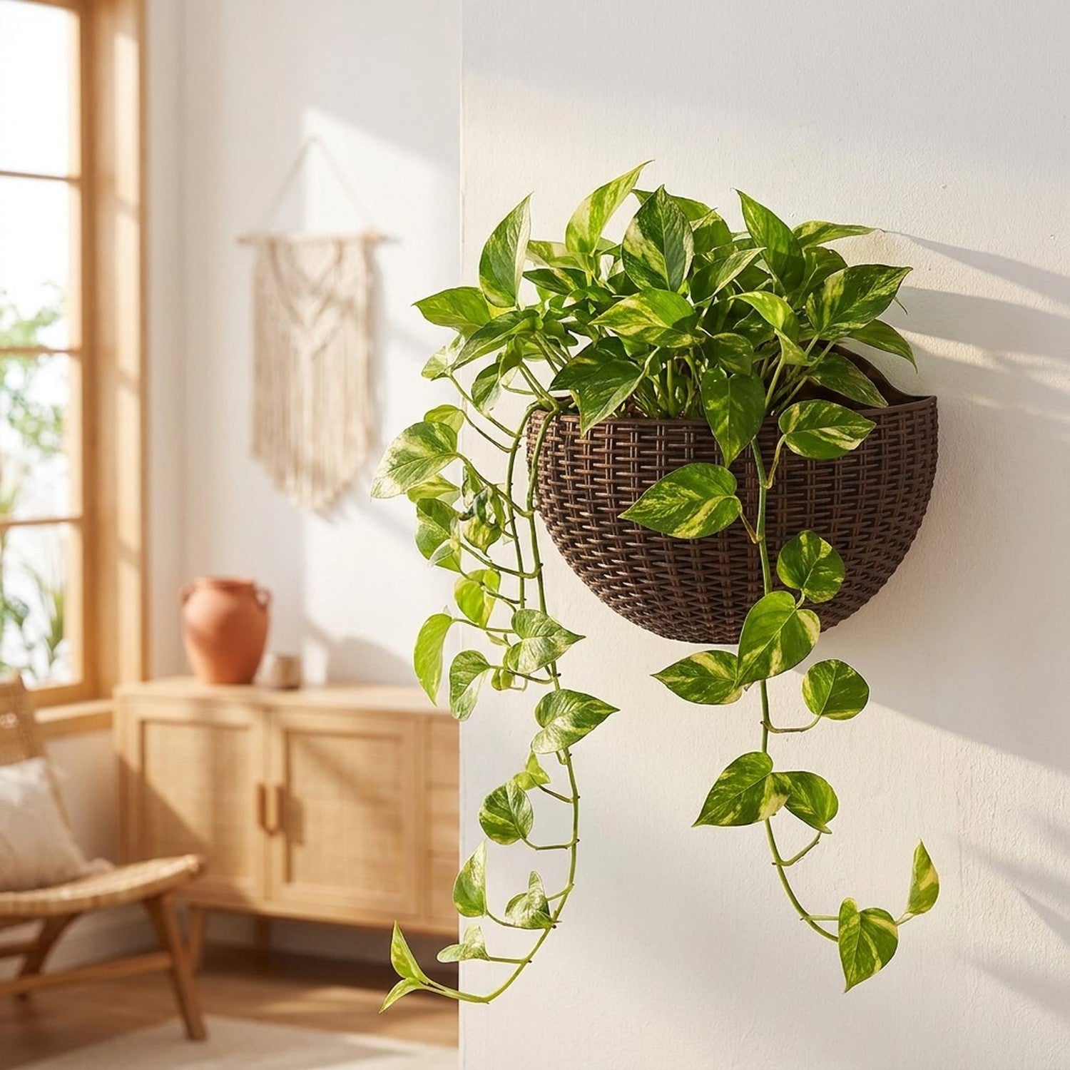 Pot de fleur mural demi-lune imitation rotin couleur marron sur mur blanc
