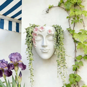 Pot de fleurs mural visage en résine - fleurs roses décoratives intégrées