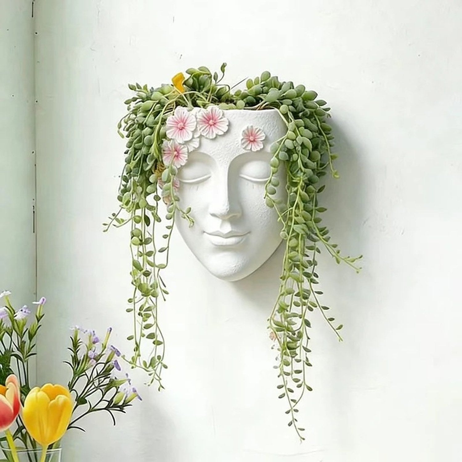 Pot de fleurs mural visage en résine - vue de face avec succulentes