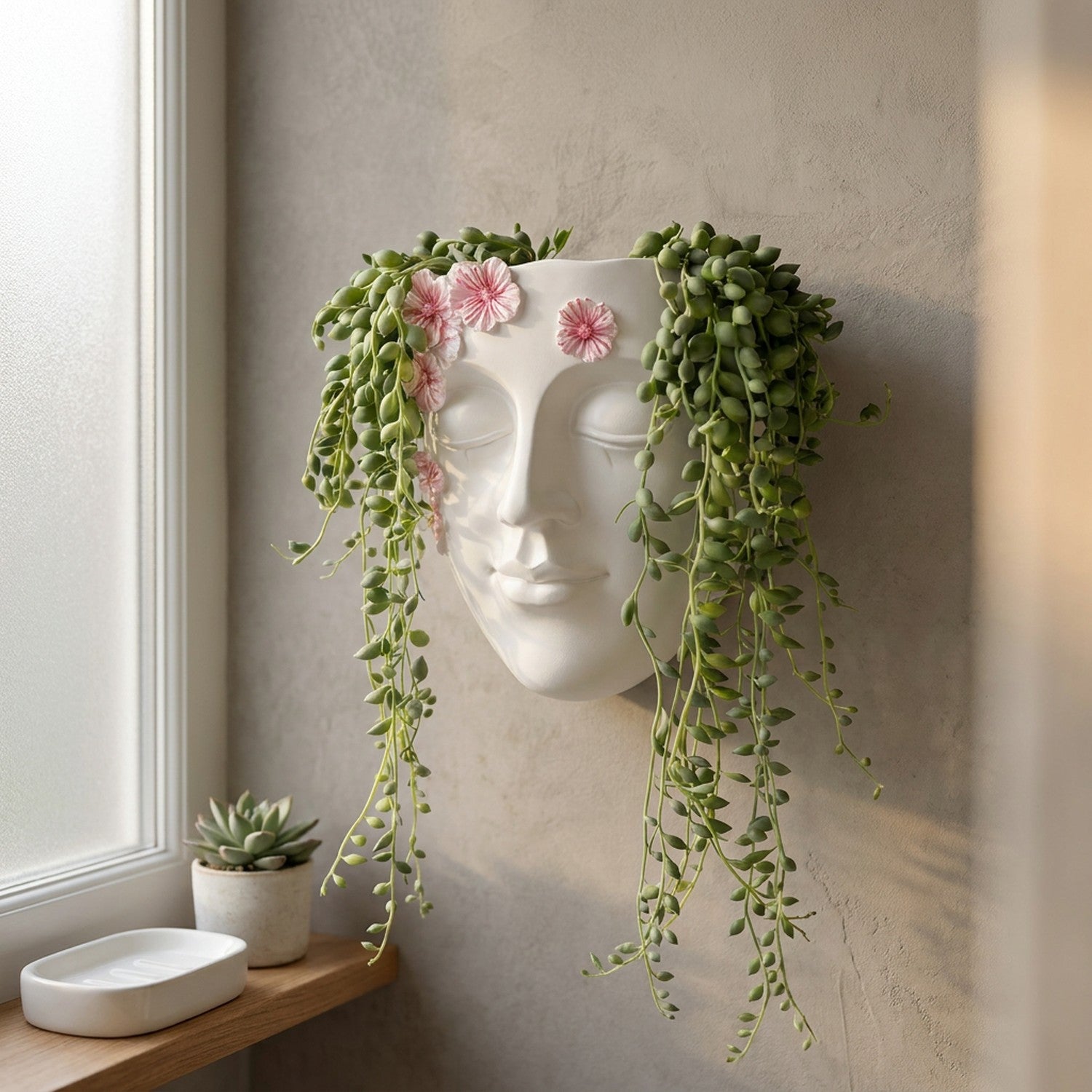 Pot mural visage en résine dans une salle de bain scandinave avec plantes retombantes