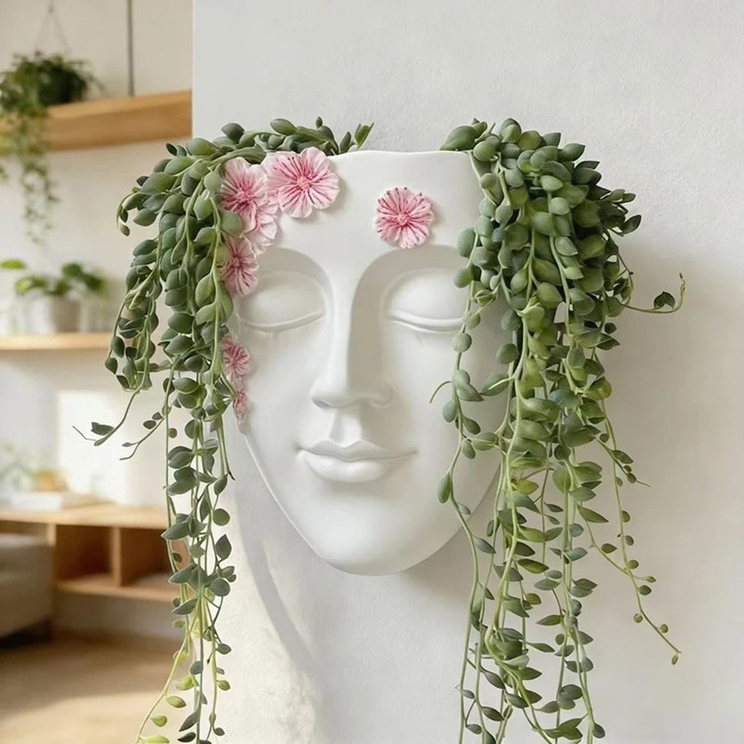 Pot de fleurs mural visage en résine blanc pour succulentes
