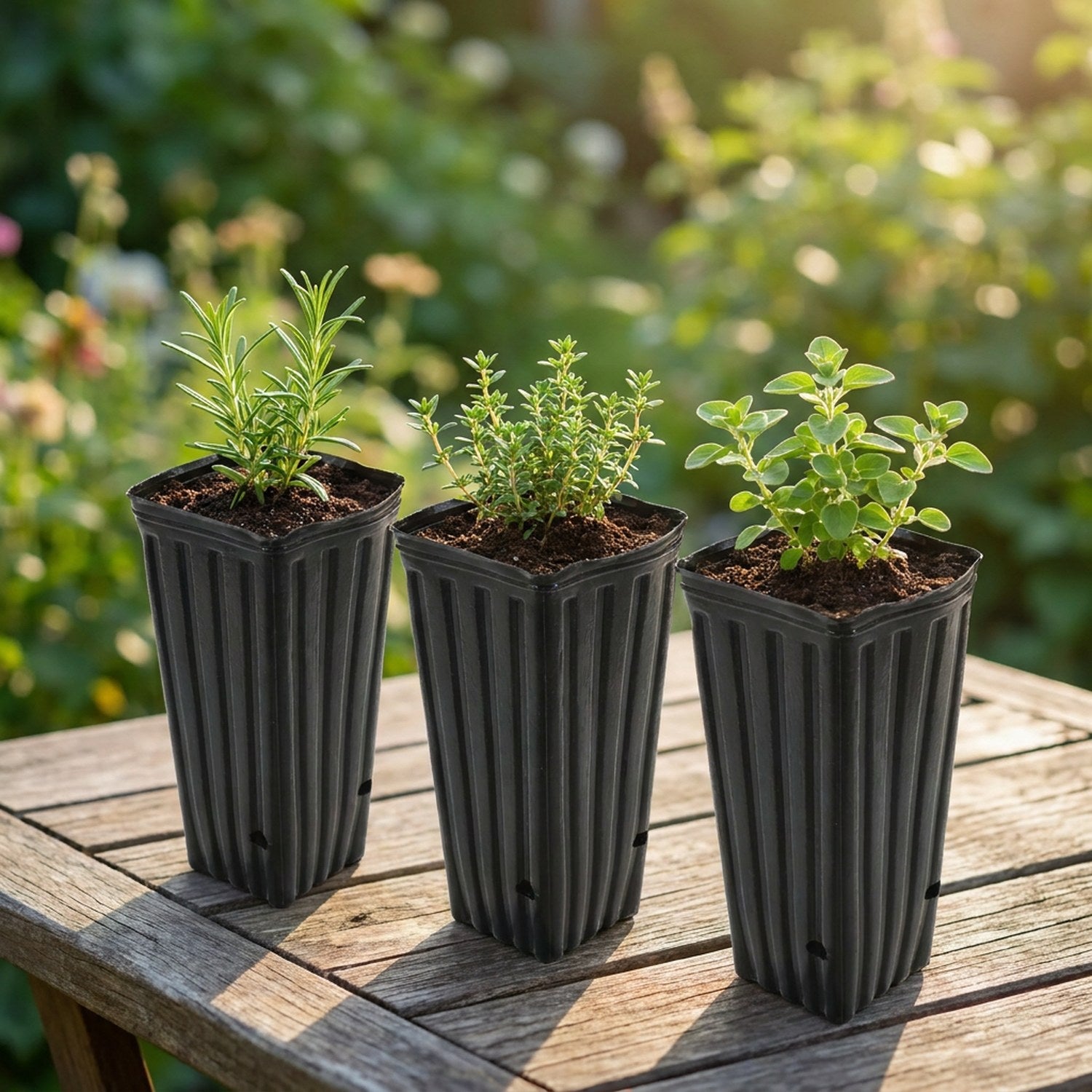 Rangée de pots de pépinière avec de jeunes plants aromatiques sur une table de jardin