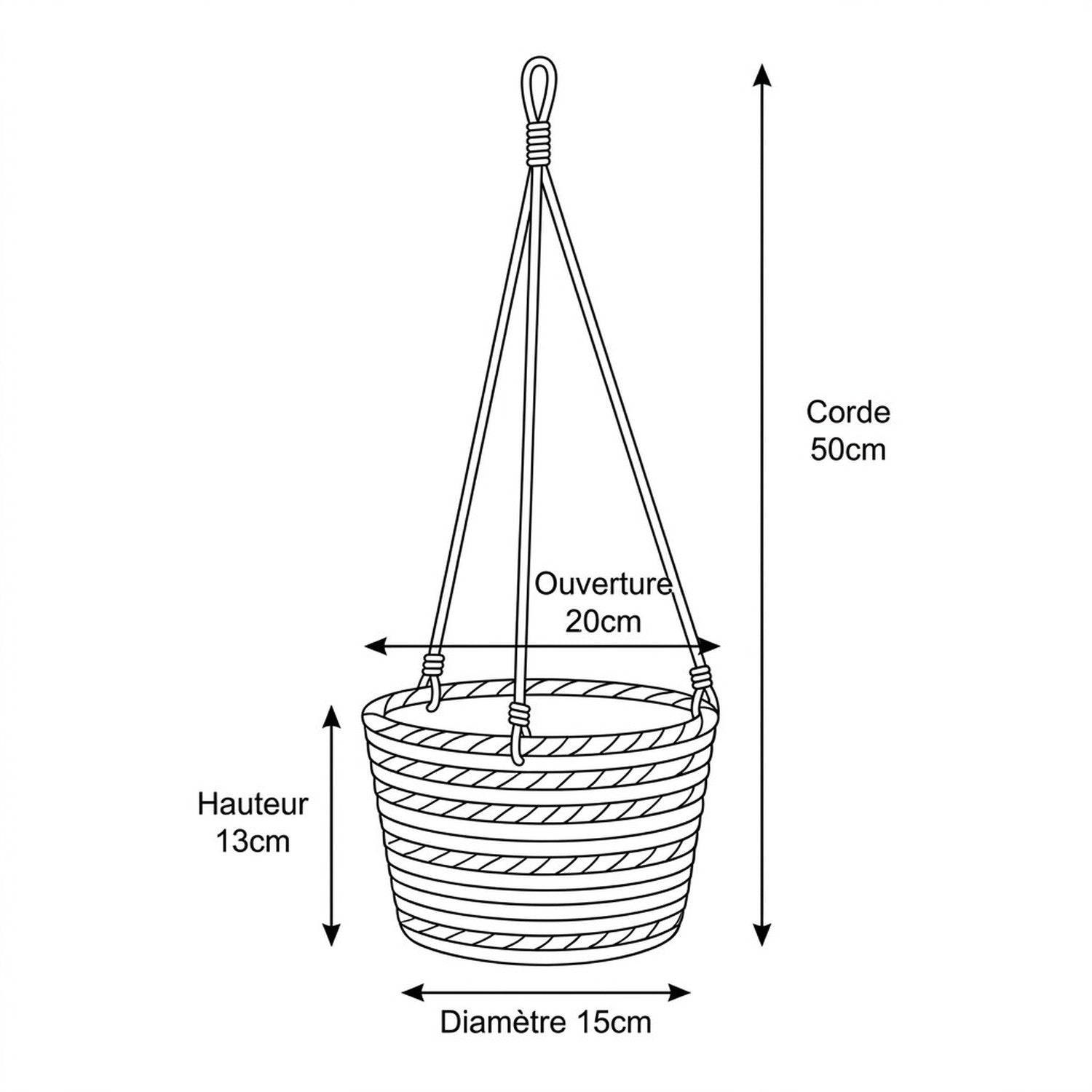 Dimensions du pot suspendu : Ø15cm, H13cm, ouverture 20cm, corde 50cm