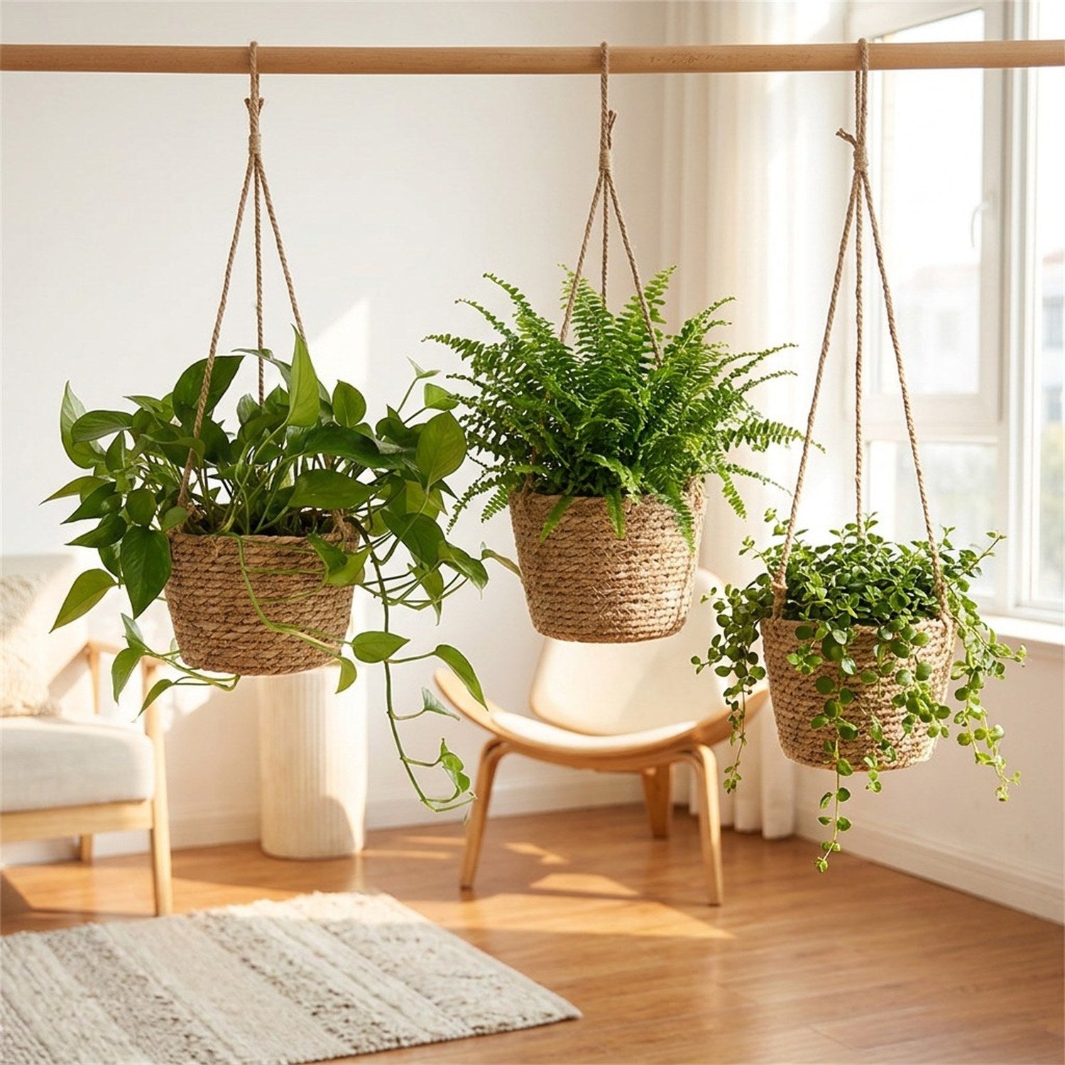 Pots suspendus en jute dans un salon scandinave boho