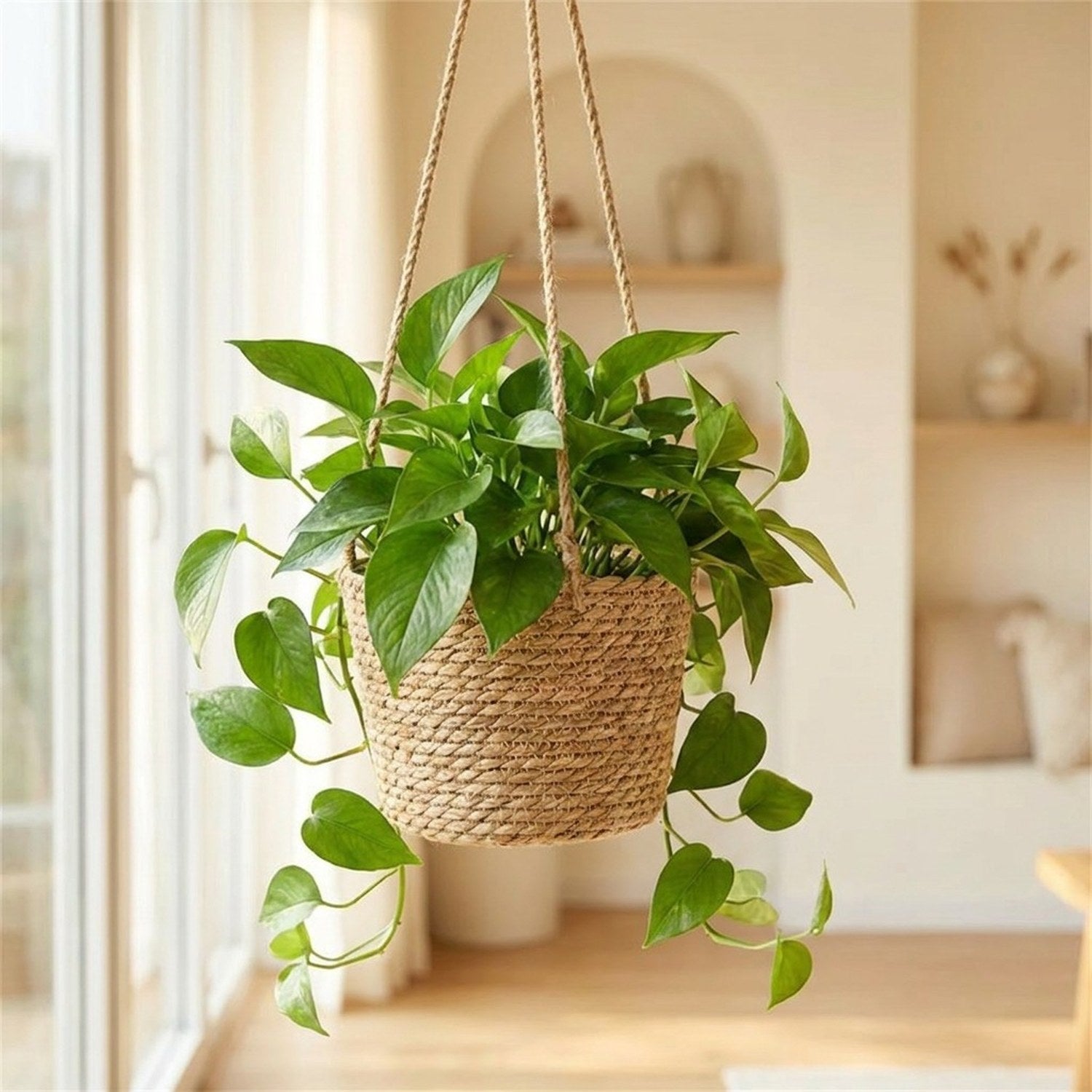Pot de fleur suspendu en jute tressé décoration boho naturelle