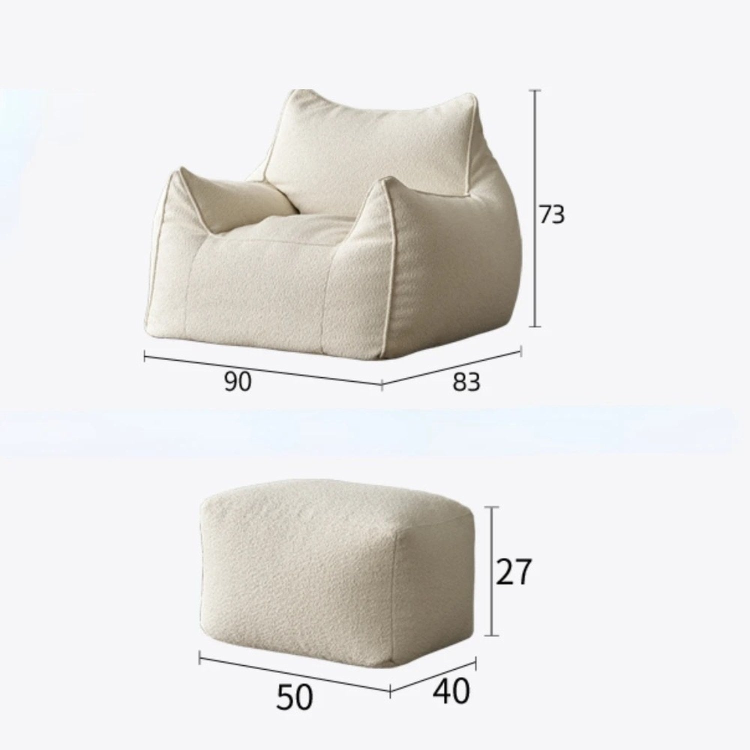 Schéma des dimensions en centimètres de la housse de pouf forme fauteuil et forme tabouret