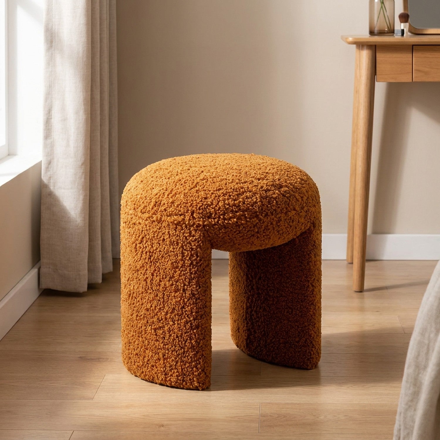 Pouf tabouret rond en tissu bouclé terracotta