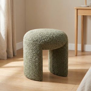 Pouf tabouret rond en tissu bouclé vert sauge
