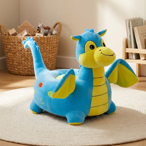 Pouf enfant animal en velours dans un coin jeux avec panier en osier