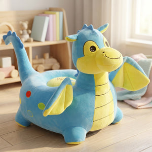 Housse de pouf enfant en velours forme animal posée au sol dans une chambre lumineuse