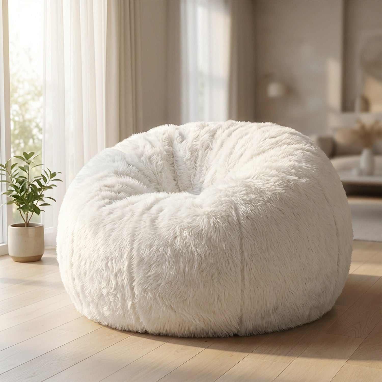 Pouf géant blanc près d'une fenêtre lumineuse avec une plante verte