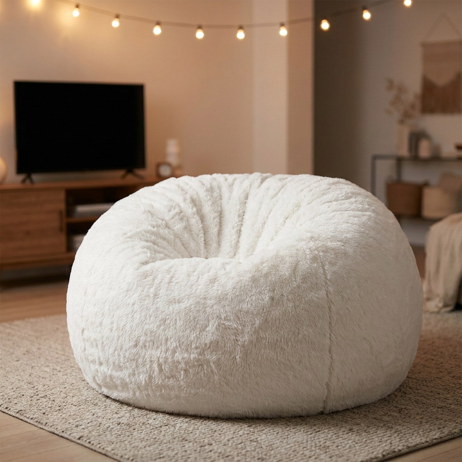Pouf géant blanc devant un meuble TV pour une soirée film cocooning