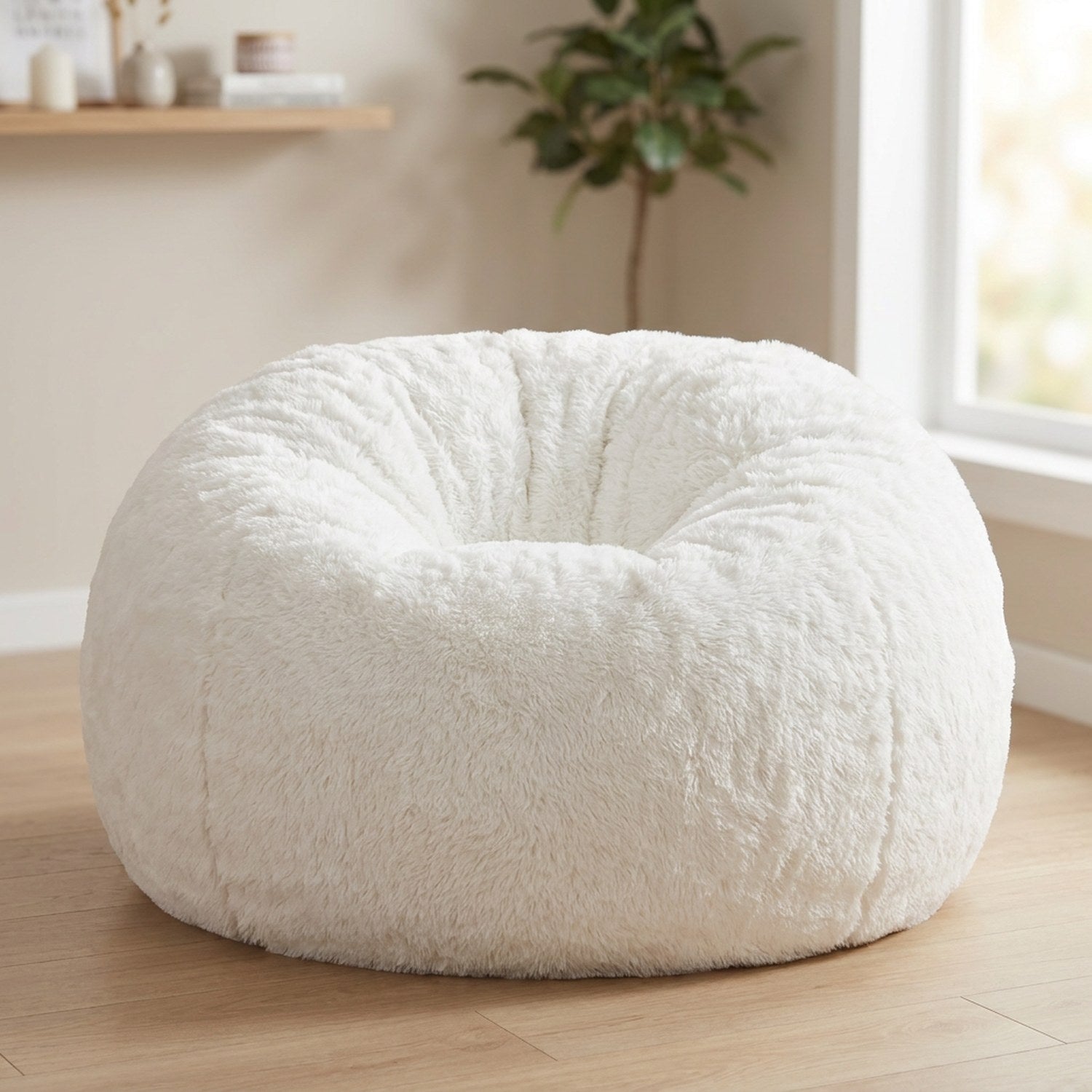 Pouf géant blanc en fausse fourrure posé au sol dans un salon lumineux