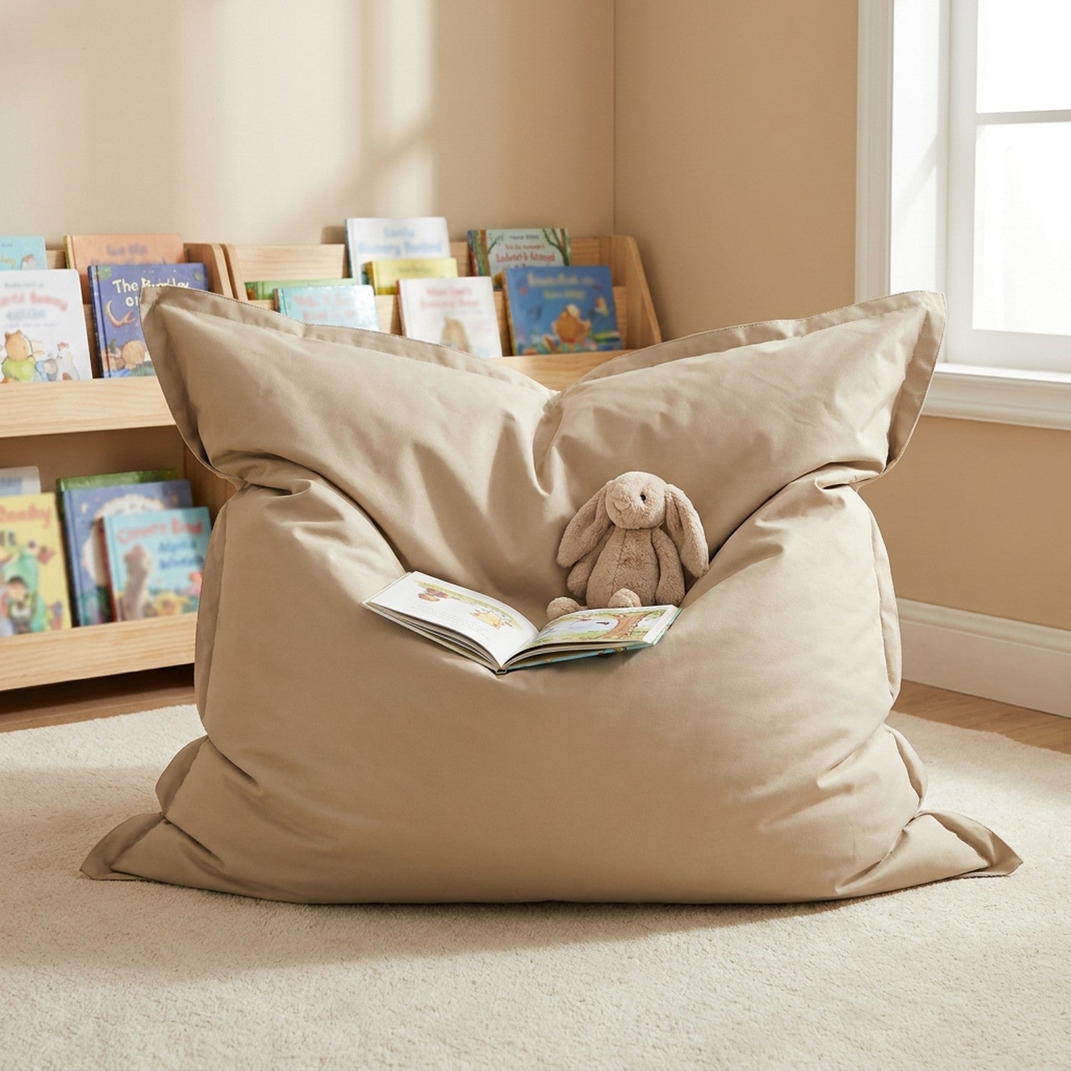 Pouf géant beige dans un coin lecture enfant avec livre et peluche
