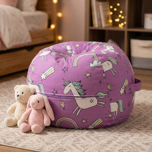 Pouf de rangement jouets à motif licornes sur fond violet