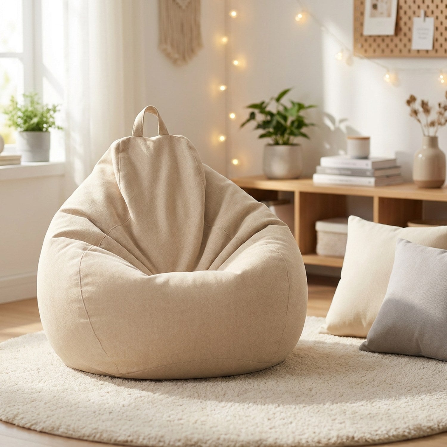 Pouf poire beige dans une chambre moderne lumineuse avec tapis