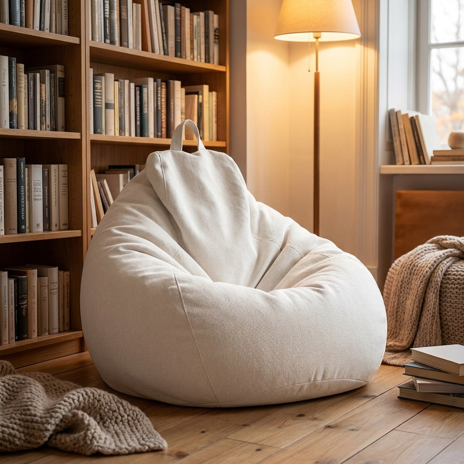 Pouf poire blanc cassé dans un coin lecture cosy avec bibliothèque en bois et lampadaire