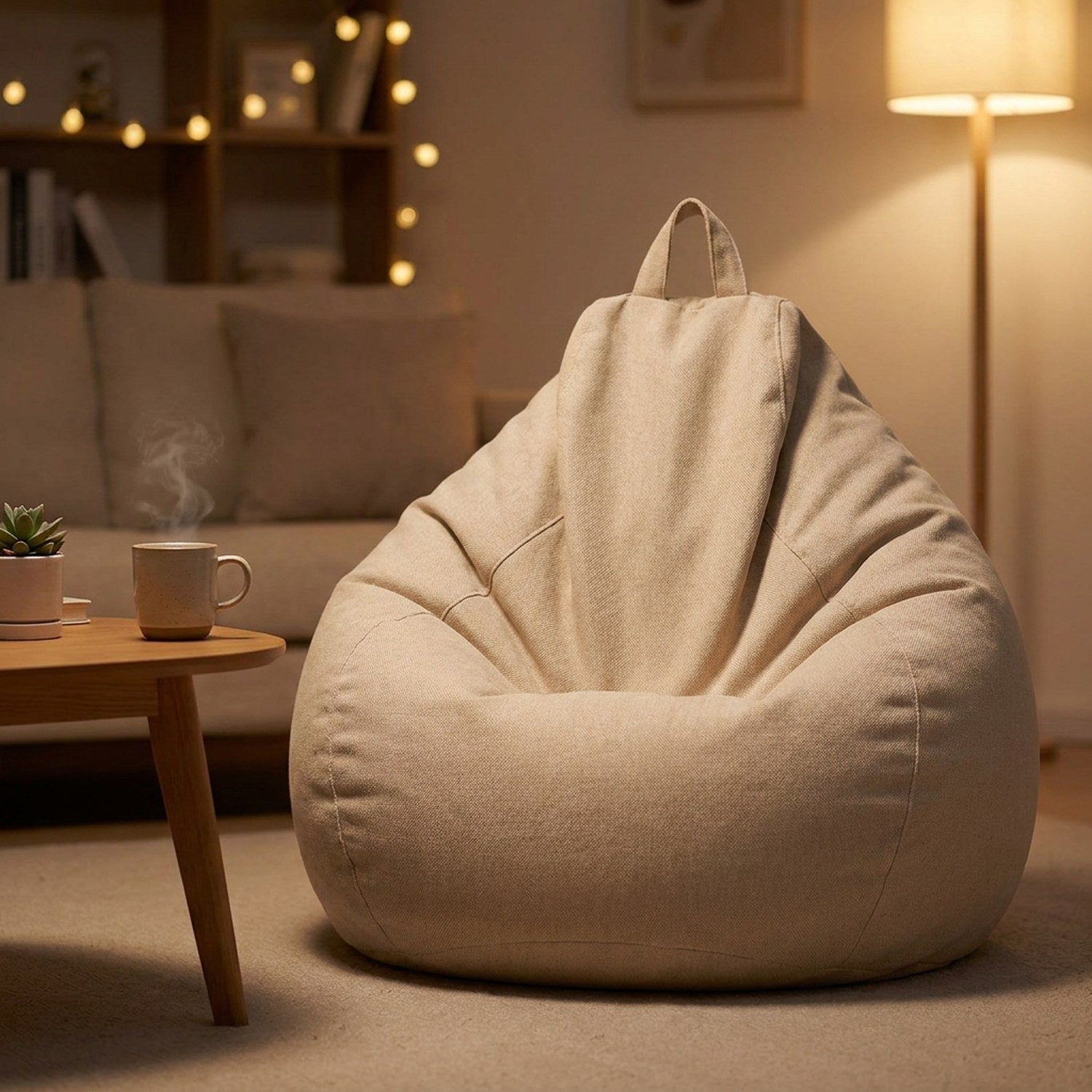 Pouf poire beige dans un salon chaleureux le soir avec lampe douce