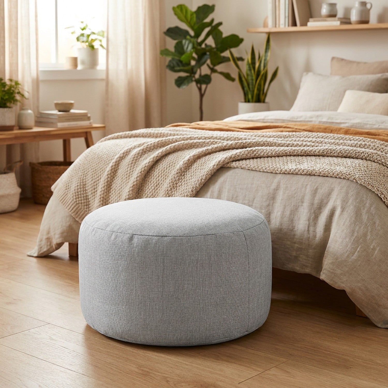 Pouf rond en lin gris clair posé dans une chambre ado lumineuse près d'un lit