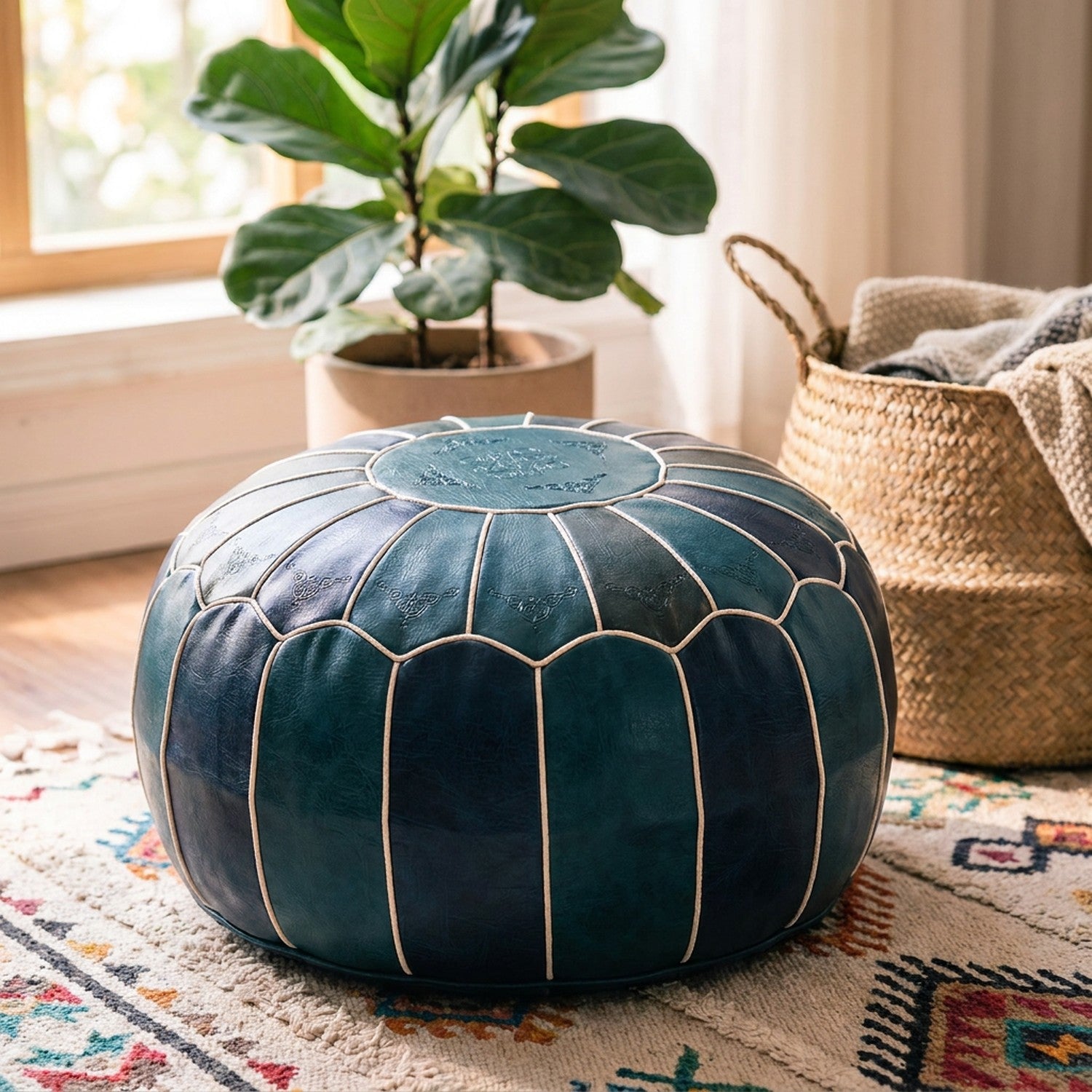 Pouf marocain rond en simili cuir coloris bleu