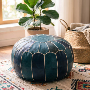 Pouf marocain rond en simili cuir coloris bleu
