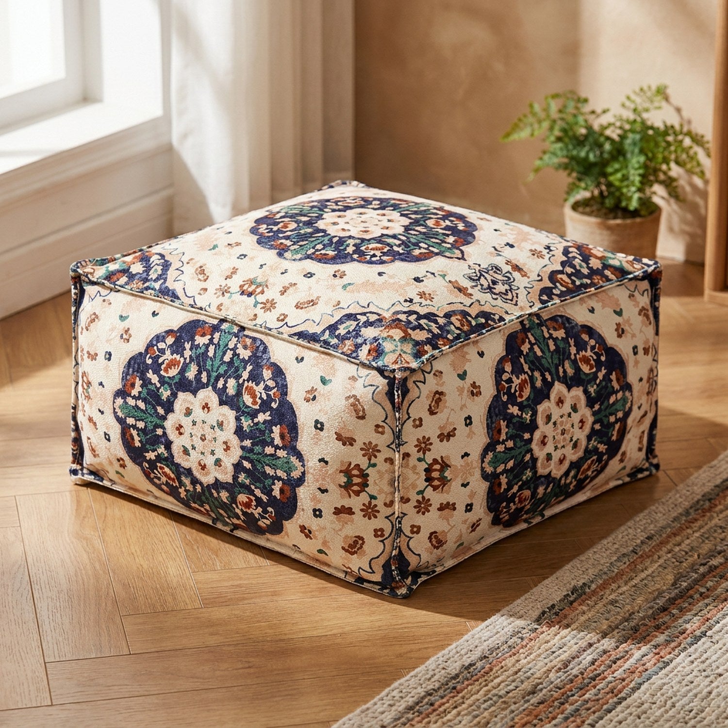 Pouf marocain carré posé au sol avec housse ivoire à motif floral bleu marine dans un coin cocooning