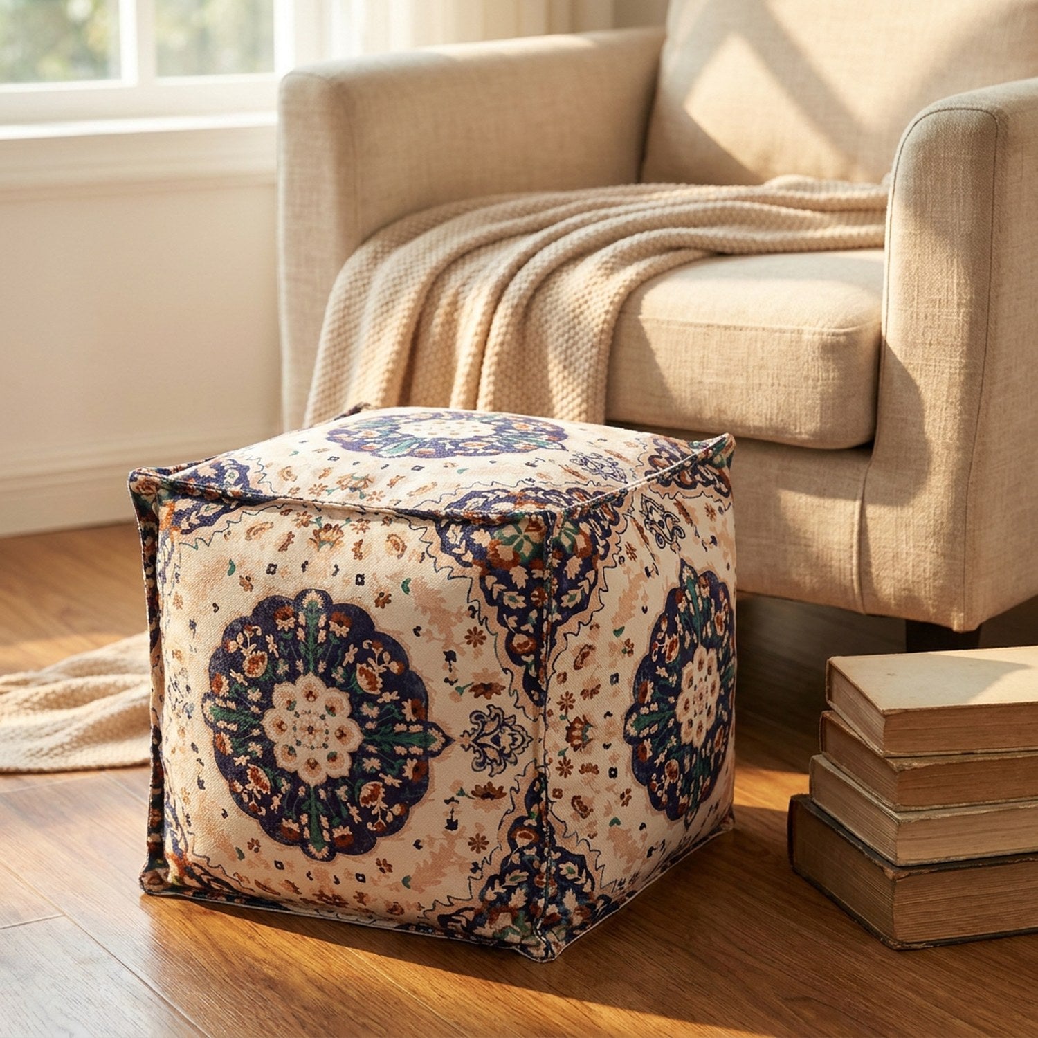 Pouf marocain utilisé comme repose-pieds devant un fauteuil de lecture cosy