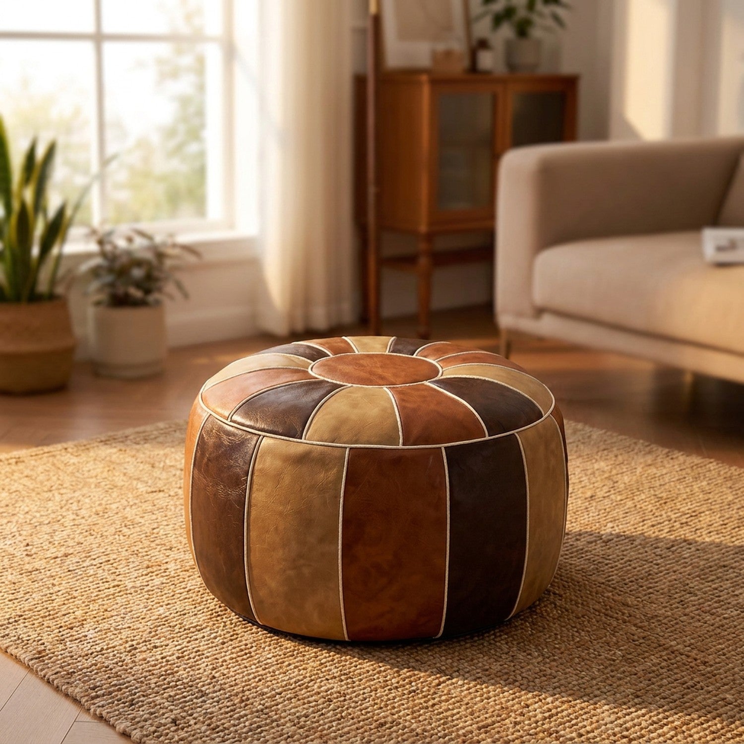 Pouf marocain rond en similicuir patchwork camel et brun posé sur un tapis en jute
