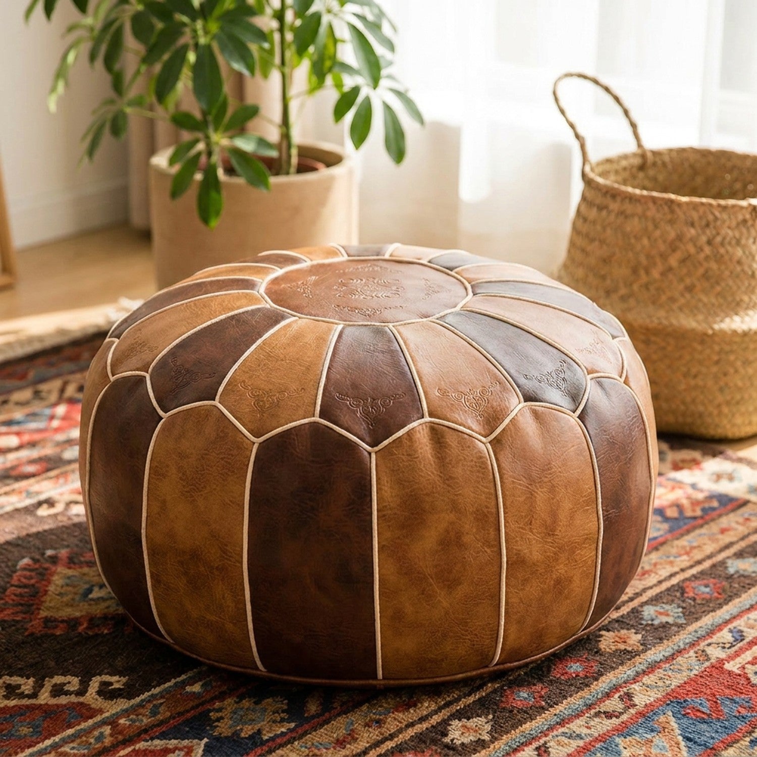 Pouf marocain rond en simili cuir coloris marron