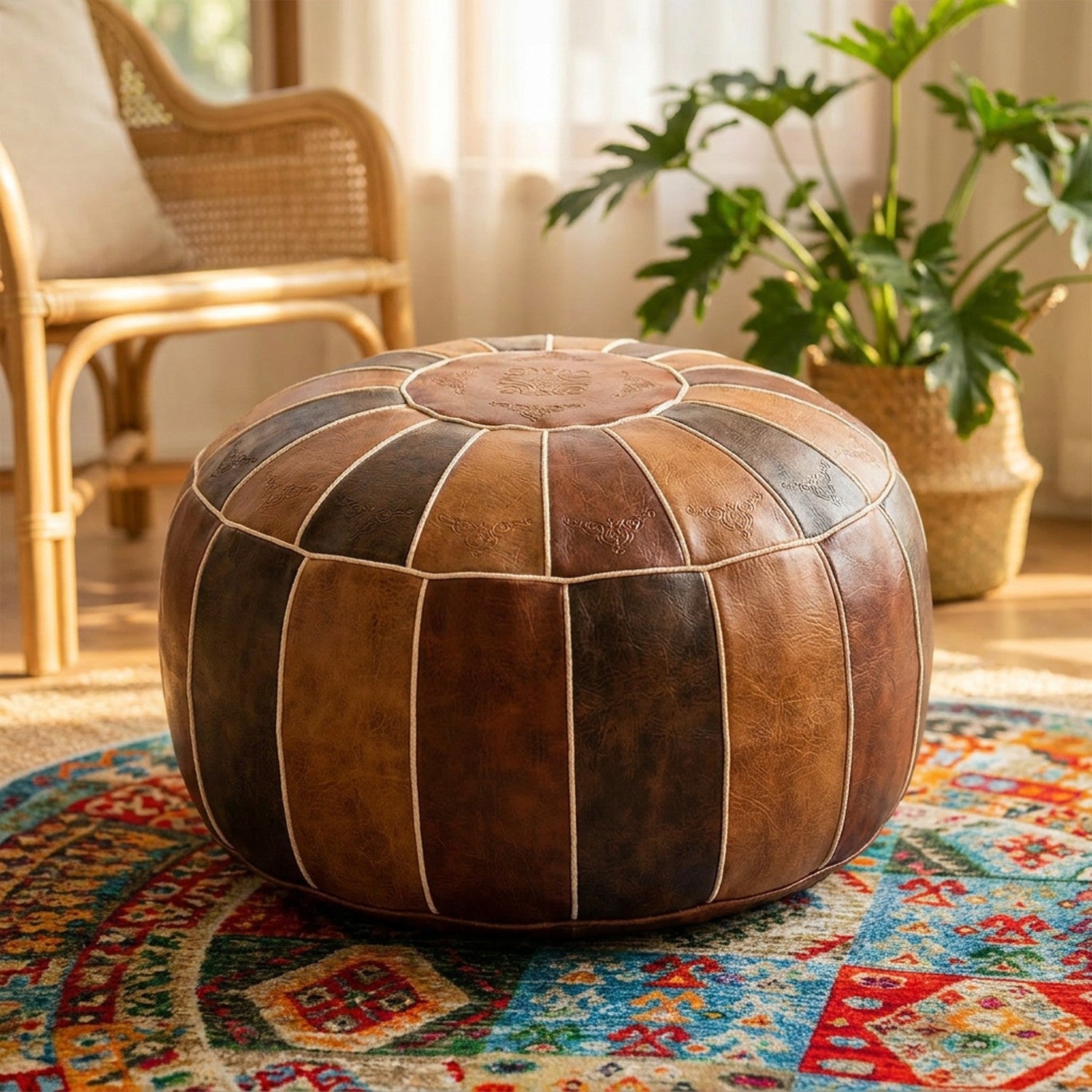 Pouf marocain rond en simili cuir brun patchwork posé sur un tapis berbère coloré